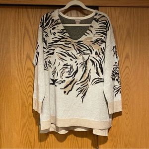 Chico’s Animal Face Pullover V-Neck Sweater, Chico’s Sz 3 (standard Sz 16)